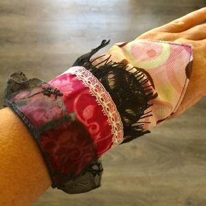 Pink victorian cottagecore hippie bohemian upcycled fabric cuff bracelet